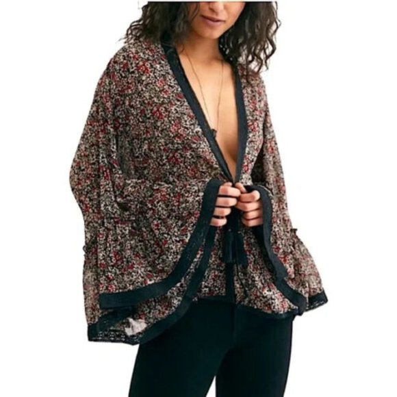 Free People Top XS Lola Kimono Floral Black Combo - Picture 2 of 14